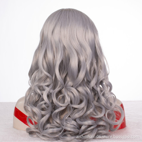 Wholesale heat resistant long  silvery with gray color  water wave wig  synthetic hair wig for women